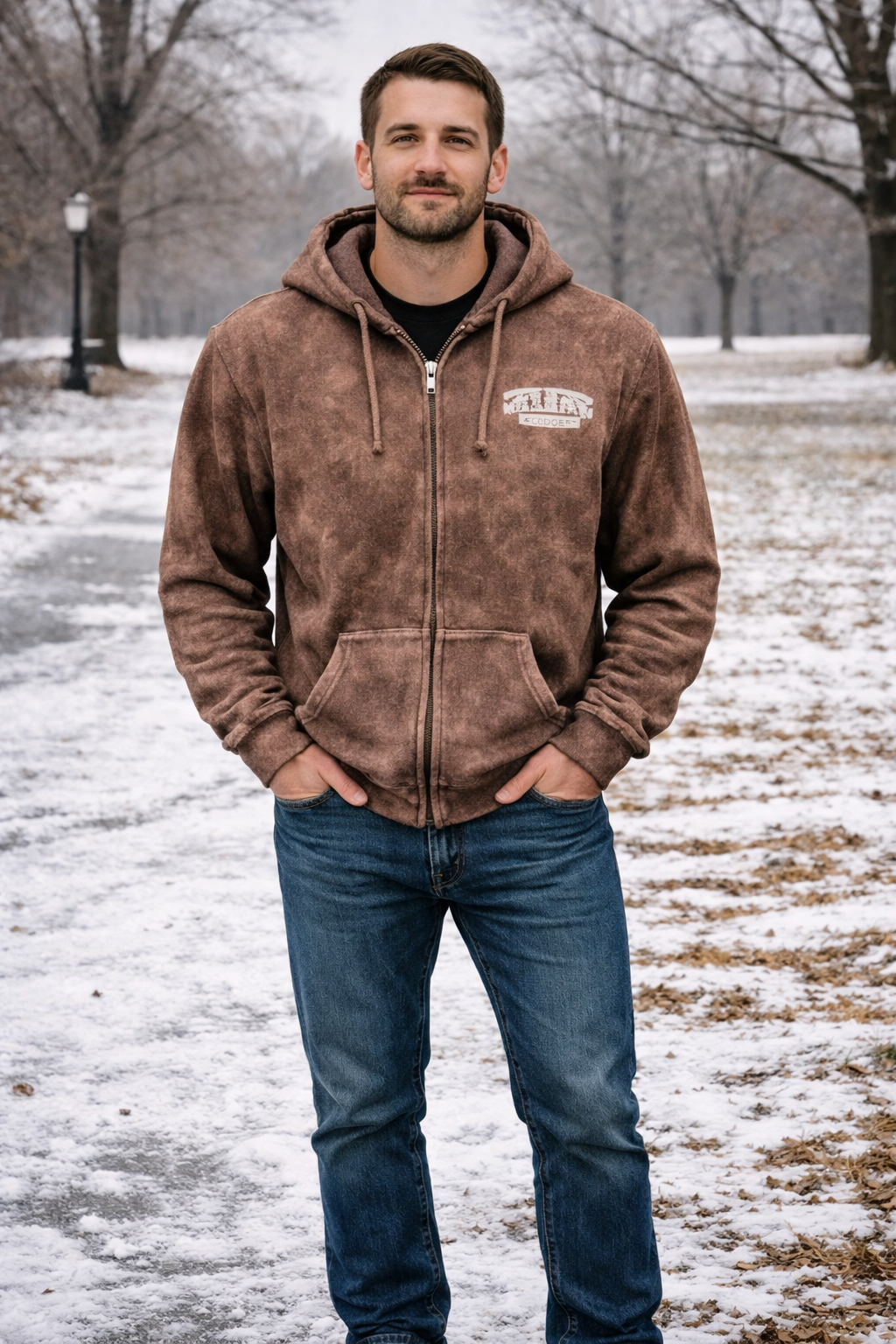 Basix of America Acid Wash Full Zipper Jacard Hoodie With Front Pocket - Image 3