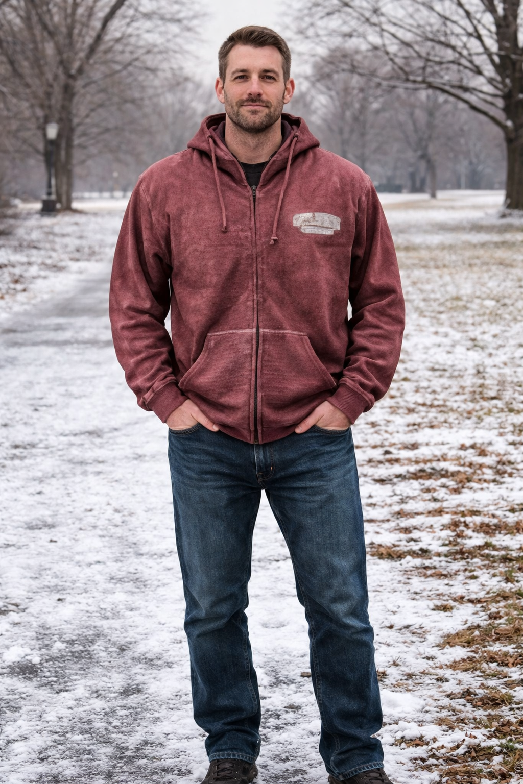 Basix of America Acid Wash Full Zipper Jacard Hoodie With Front Pocket